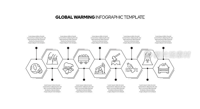 全球变暖概念矢量线信息图形设计图标。9选项或步骤的介绍，横幅，工作流程布局，流程图等。