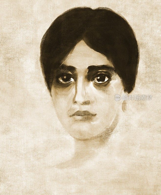 一个有着地中海文化中光滑黑发的女人的风景肖像，仿古风格