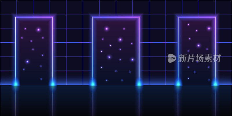 通往星系空间的霓虹灯之门。虚拟现实赛博朋克设计，霓虹灯闪烁的灯光效果，通往星空的门户。合成波或蒸汽波80年代风格的背景。矢量图