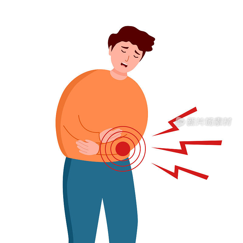 一个感觉胃疼概念向量插图上的白色背景。便秘或腹泻。腹部疾病和疾病在平面设计。