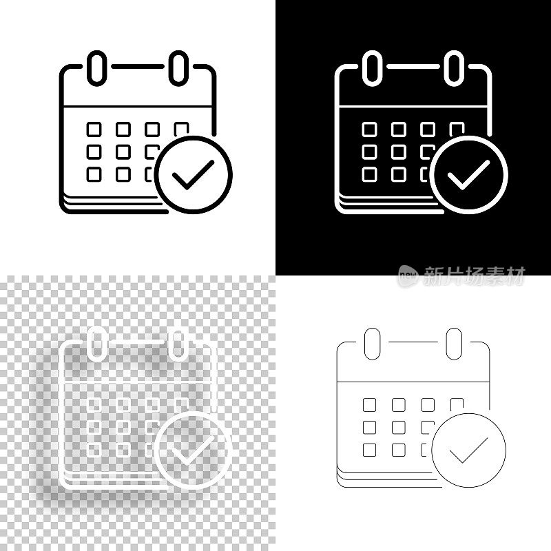 带有勾号的日历。图标设计。空白，白色和黑色背景-线图标