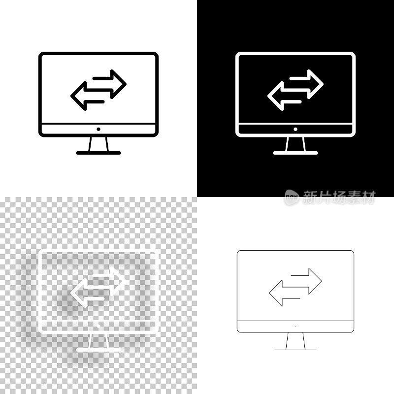 用台式电脑传送。图标设计。空白，白色和黑色背景-线图标