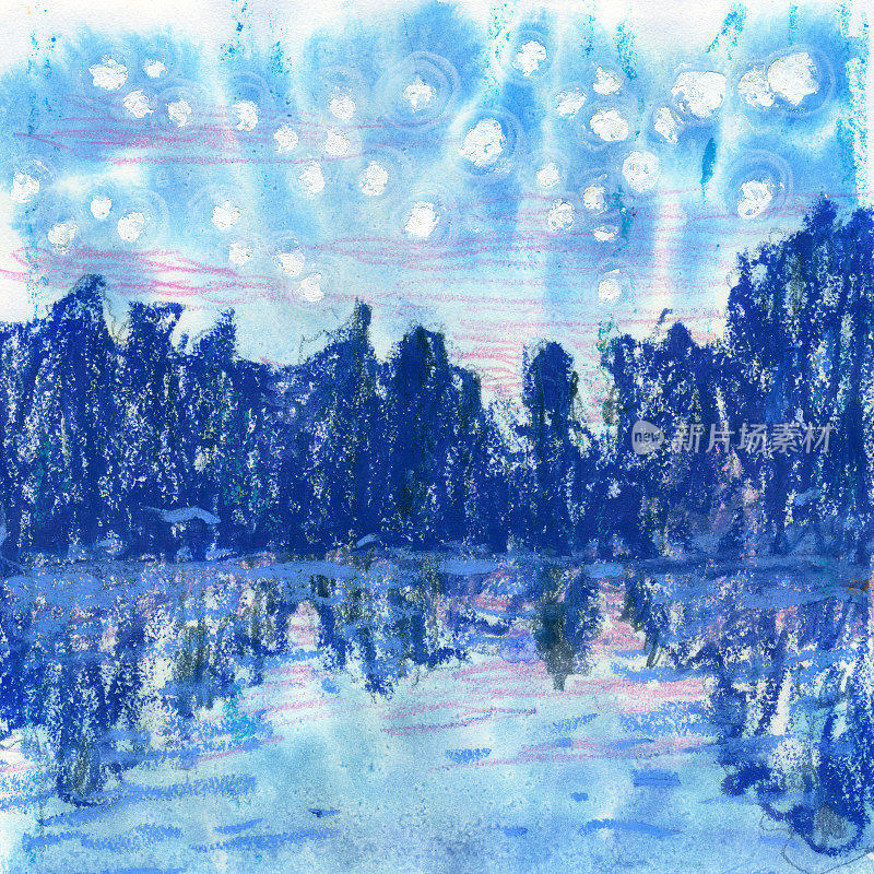 明亮的星星下森林中的湖泊的插图。