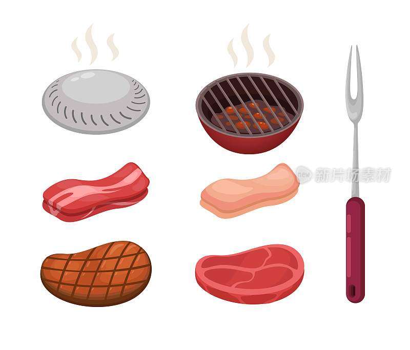 烧烤肉烧烤符号集合集卡通插图向量