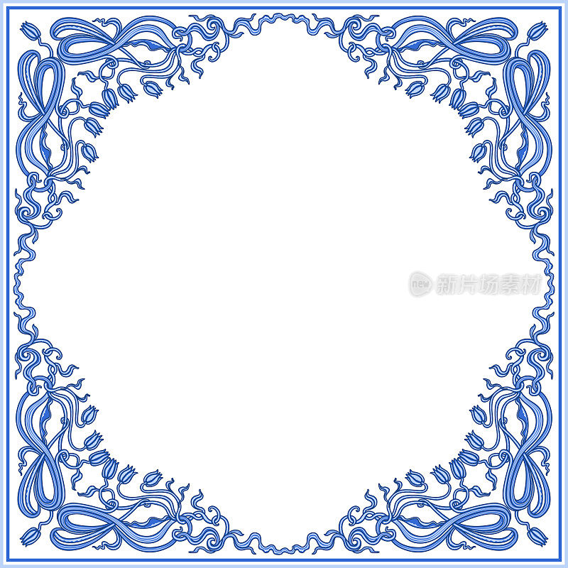 新艺术风格的卷轴百合和郁金香花，蓝色的花边饰带在白色的背景。贺卡小插图，邀请，方口袋范围，地毯