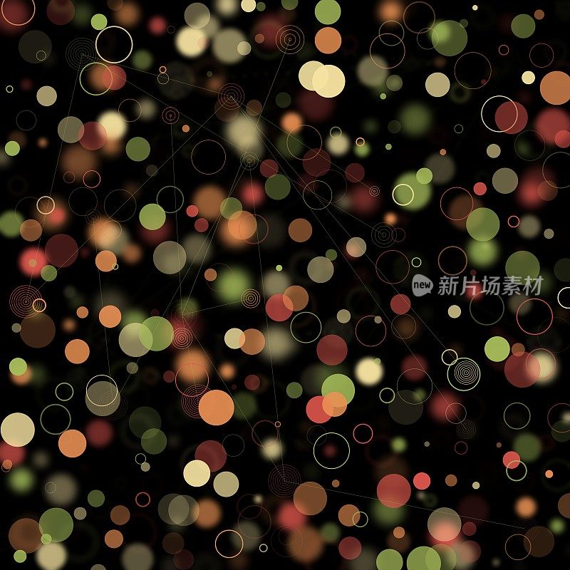 一个抽象的光点和模糊的圆圈背景，如散景斑气泡粒子与黑色背景上的线连接的插图