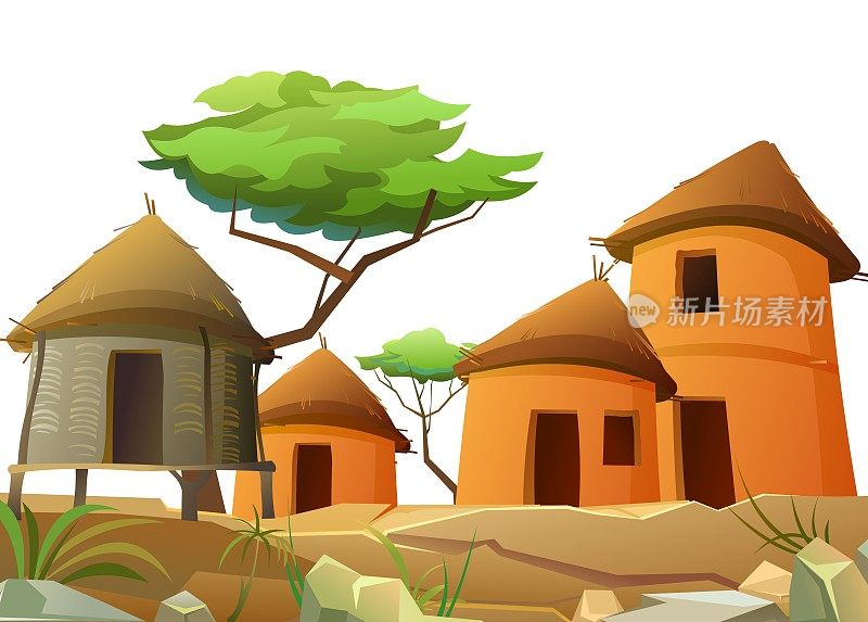 非洲的村庄。岩石沙漠中的住所。用粘土和稻草建造的农村房屋。非洲景观。金合欢树。孤立在白色背景。向量