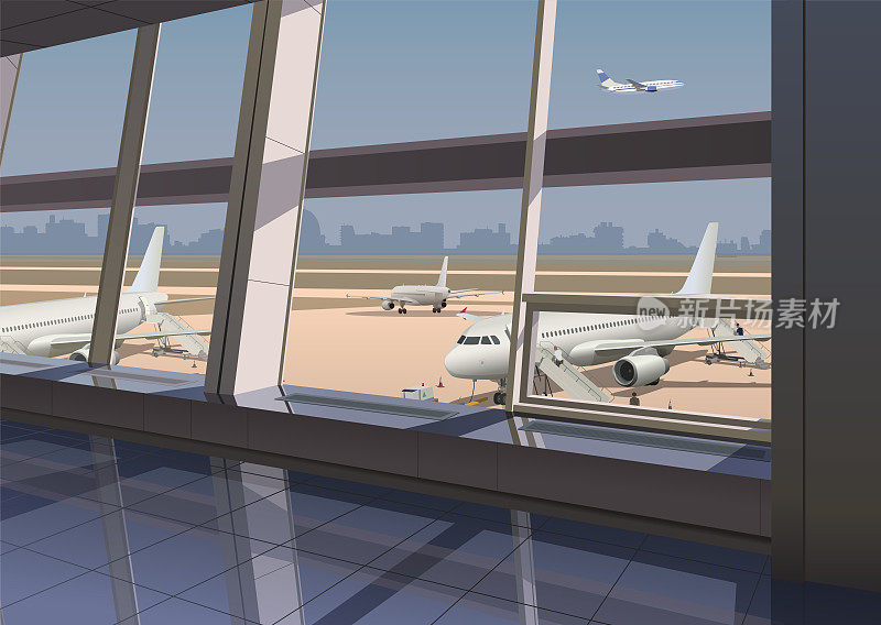 从航站楼到飞机和机场的视野。向量。