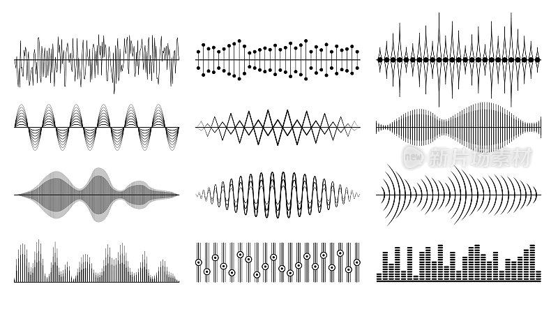 设置黑色集合抽象元素音频波声音声音音乐形状矢量设计风格