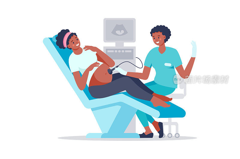 医院医务室的超声波扫描和检查黑人孕妇。怀孕期间检查。