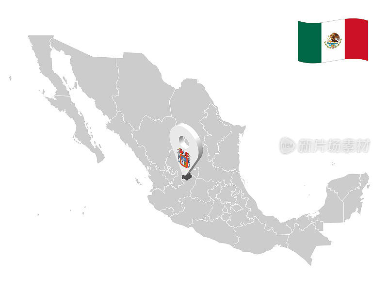 阿瓜斯卡连特斯州在墨西哥地图上的位置。阿瓜斯卡连特斯的3d位置标志。墨西哥各省的优质地图，供您设计。矢量插图。EPS10。