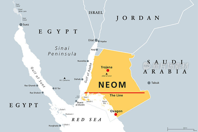 Neom，沙特阿拉伯的超大城市项目，灰色的政治地图
