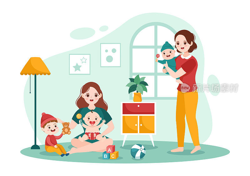 在平面卡通手绘模板插图上照顾、提供婴儿需要和与儿童玩耍的保姆或保姆服务