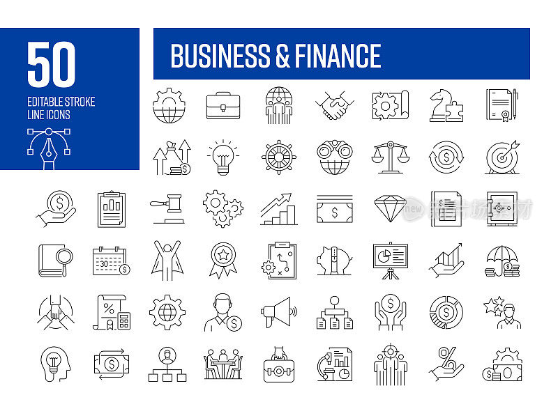 业务和金融行图标。可编辑的笔画矢量图标集合。