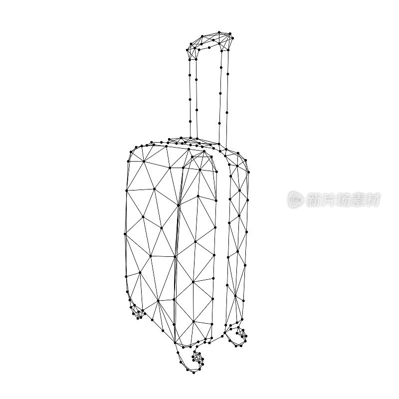 行李箱在轮子上，行李箱由抽象的未来主义多边形黑线和点。低聚的概念。矢量插图。