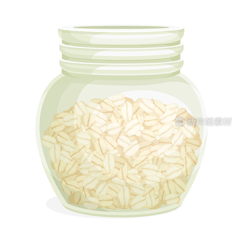 玻璃罐燕麦片作为全谷物食品与扁平的燕麦卷矢量插图