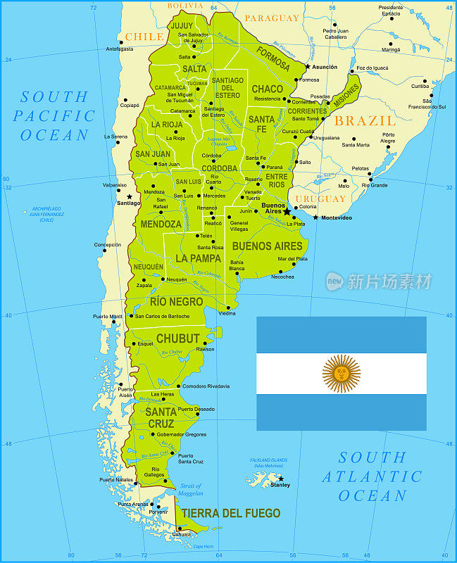 阿根廷河流和地区详细的绿色地图