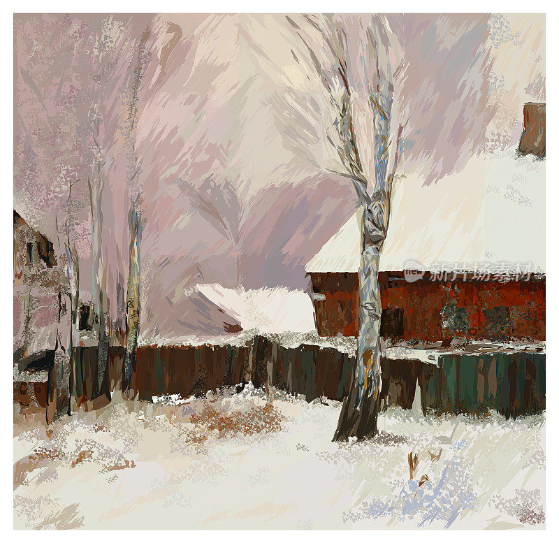 原始数字绘画的冬季风景在俄罗斯印象派的风格