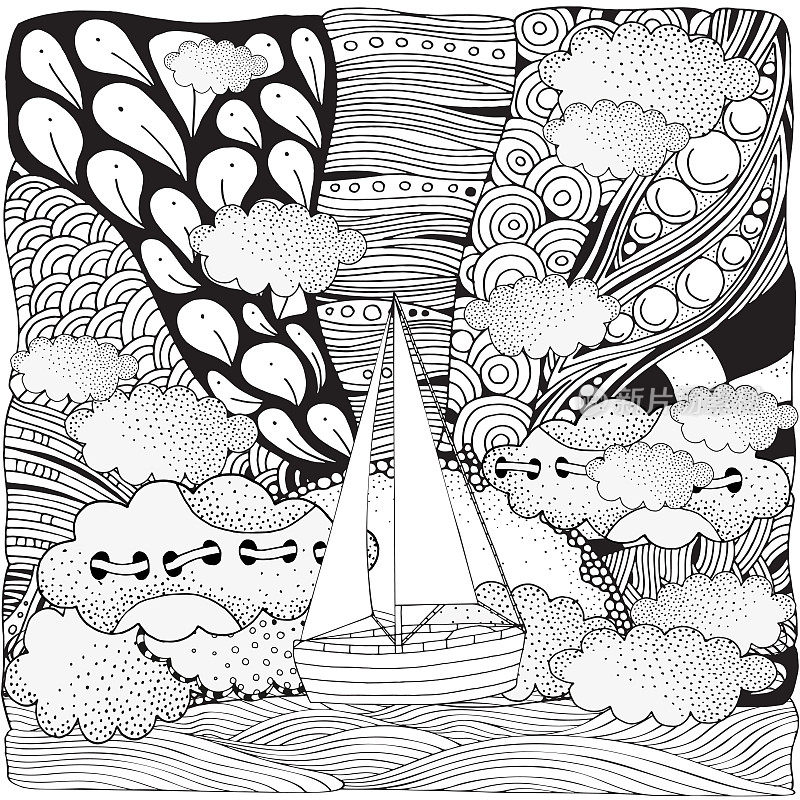 木船漂浮在波浪上。阳光，大海，艺术背景。手绘涂鸦向量。矢量图案成人涂色书。黑色和白色。