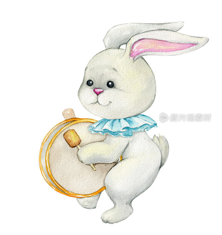 兔子，鼓，水彩剪贴画在一个孤立的背景，在卡通风格