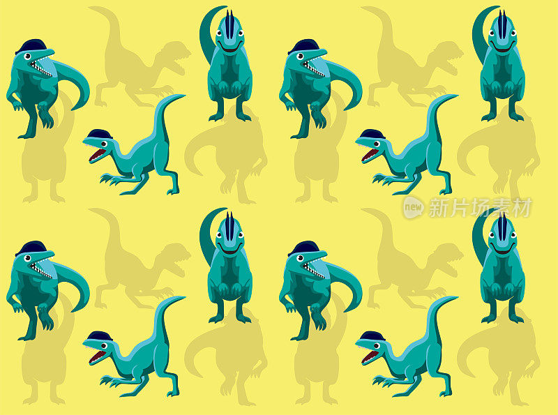 恐龙Dilophosaurus卡通人物无缝墙纸背景