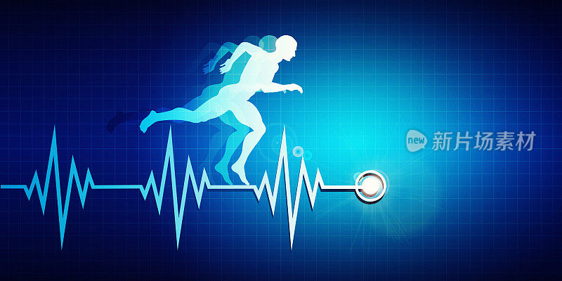 有氧运动，运动健康理念，平实风格。在抽象的彩色背景上，一个运动中的男性运动员的心脏跳动。