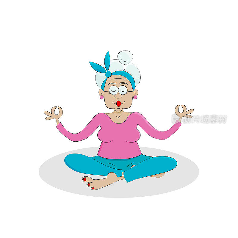 可爱的老年退休女祖母做瑜伽。莲花。积极健康的生活方式。卡通平面绝缘插图蟋蟀。