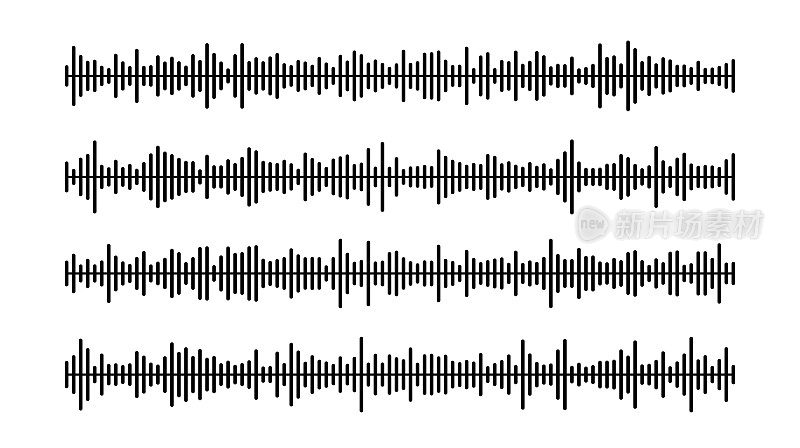 黑色声波条设置。音乐、播客、音轨或语音信息。均衡器元素集合。图表，图表或信号概念。向量
