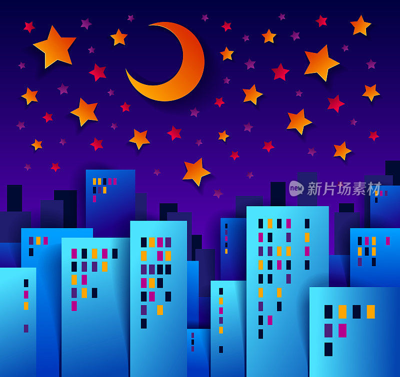 城市夜景用月亮和星星的卡通矢量插画在剪纸小朋友的应用风格，高城市建筑的不动产房子午夜时分。