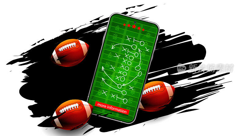 现实风格的运动和胜利概念。在抽象的白色背景上，带有游戏策略和美式橄榄球球的手机。