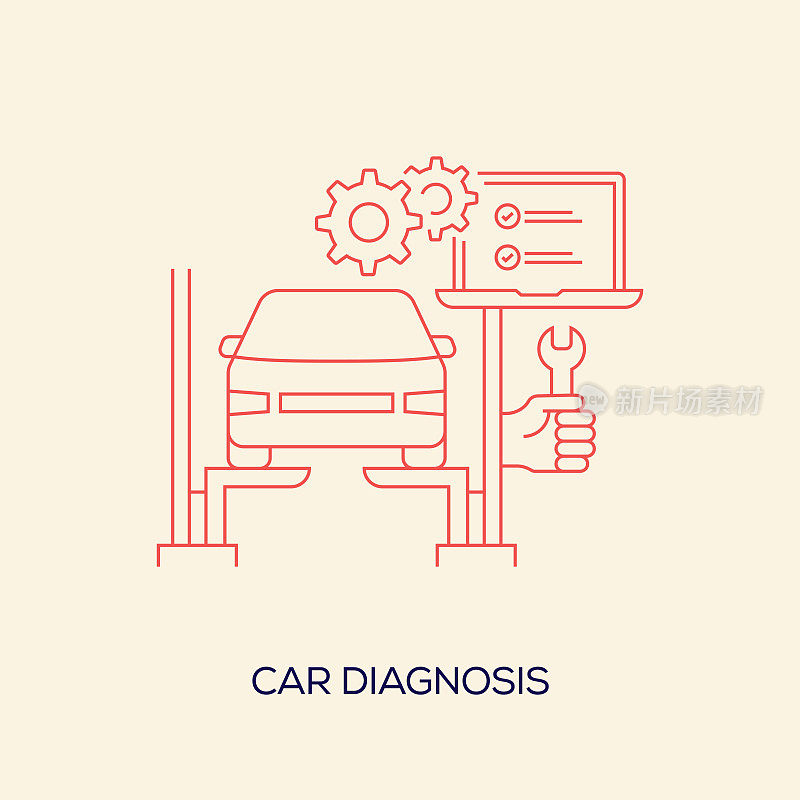 汽车诊断相关设计与线图标。简单的轮廓符号图标。