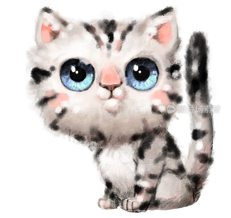 可爱的水彩小老虎小猫猫小野生白色条纹动物与大眼睛在白色背景。顽皮可爱的幼崽