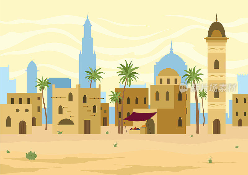 中东地区。阿拉伯沙漠景观与传统的泥砖房。古建筑背景。平面矢量图