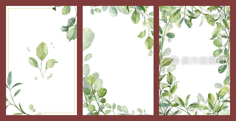 三套优雅的婚礼邀请和贺卡模板与手绘详细水彩绿色植物学框架和复制空间