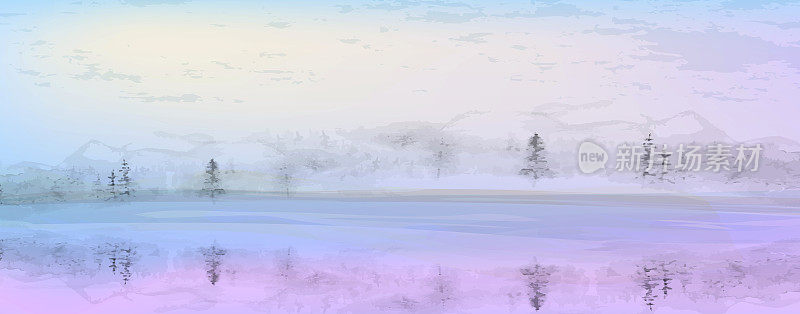 冬日自然抽象横旗。最小的矢量背景在平静的蓝色和紫色。