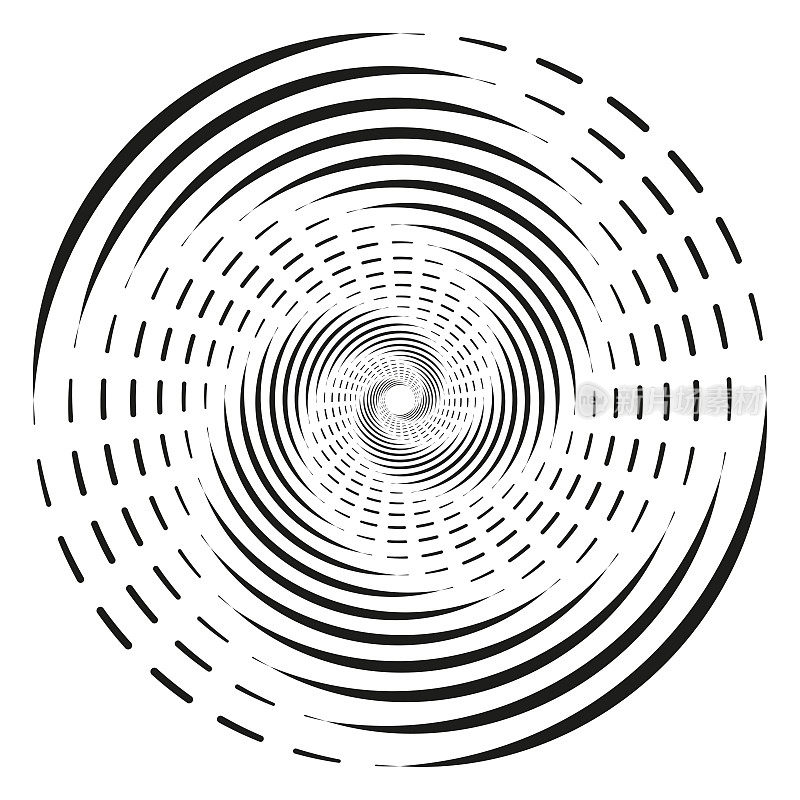 螺旋，旋转，旋转。蜗壳、螺旋、涡流和旋涡形状。带旋转的径向线。矢量插图。