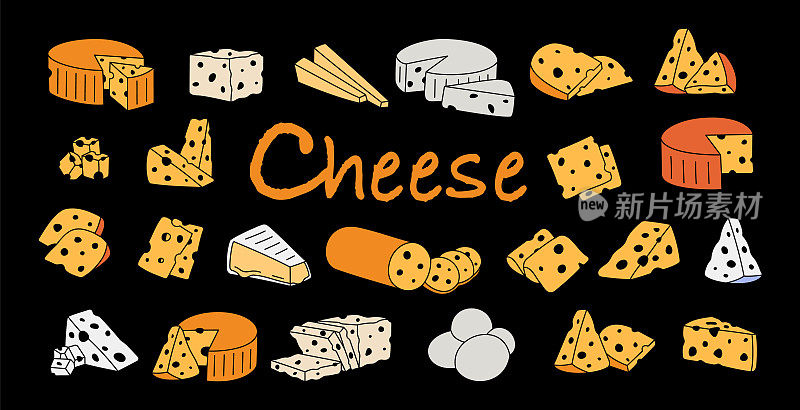 各种类型的奶酪套装。里面有洞的奶酪片。切达干酪，卡门培尔干酪，砖干酪，马苏里拉干酪，马斯丹干酪，布里干酪，干酪，豪达干酪，帕尔马干酪。