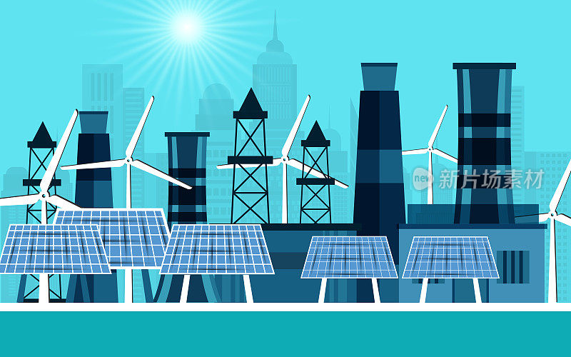 环保电厂平面彩色矢量插图。替代能源工厂卡通景观与风力涡轮机和太阳能电池板