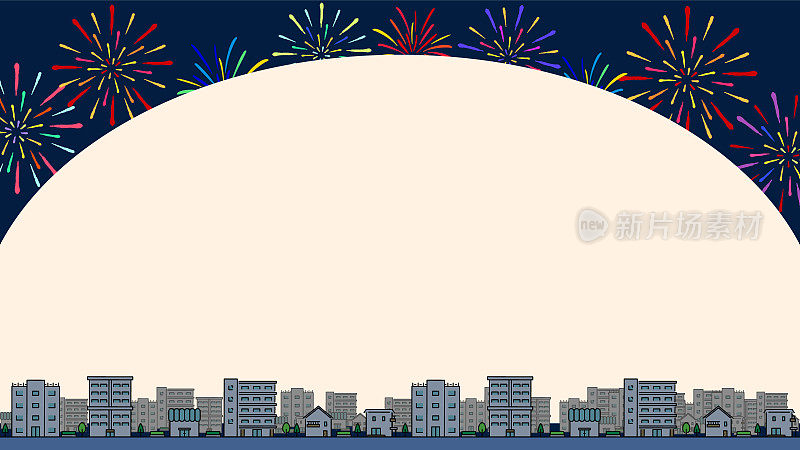 背景模板的夜空装饰着烟花和城市景观的房屋，公寓，商店和建筑物
