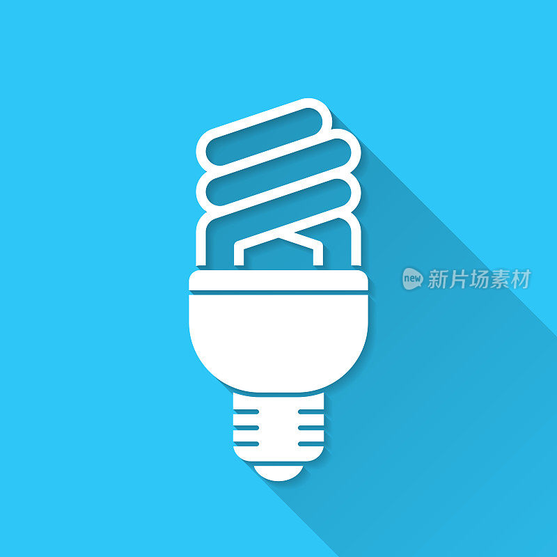 荧光灯灯泡。图标在蓝色背景-平面设计与长阴影