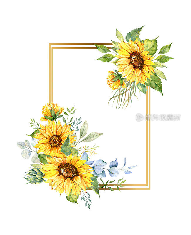 带有向日葵的花卉框架。水彩向日葵框架。黄金几何框架
