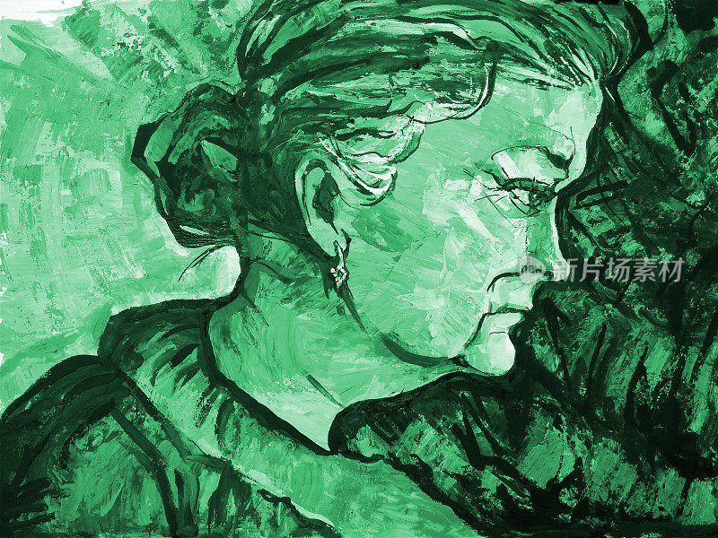 插图油画肖像侧面妇女长发和光滑的发型与珠宝在耳朵对绿色背景