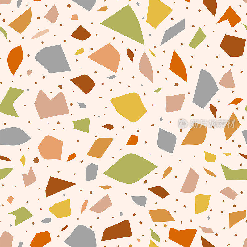 水磨石瓷砖地板威尼斯风格与小鹅卵石无缝模式在灰色，棕色，绿色和橙色。