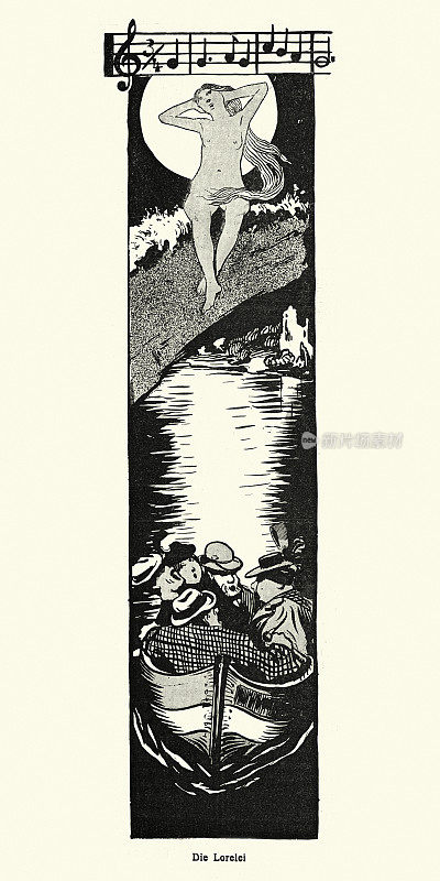 罗蕾莱，日耳曼神话中的海妖，在小船上向人们歌唱，新青年艺术，19世纪艺术