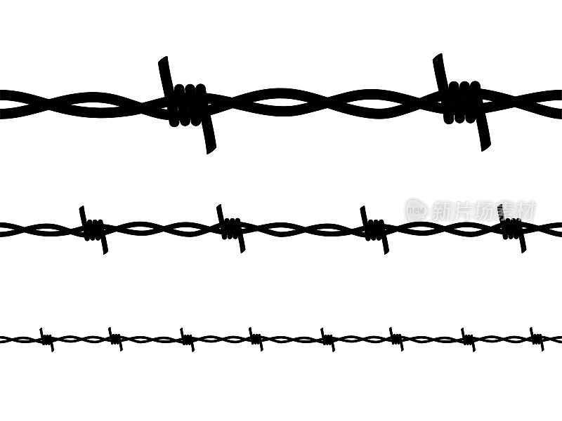 黑色轮廓线与倒刺和尖刺设置矢量插图。监狱栅栏，钢边界和军事屏障的铁丝网从扭曲的链条与锋利的边缘刷隔离在白色
