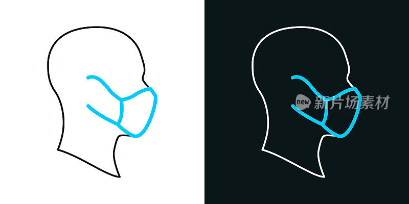 用医用防护口罩勾勒脸部轮廓。黑色或白色背景上的双色线条图标-可编辑笔触