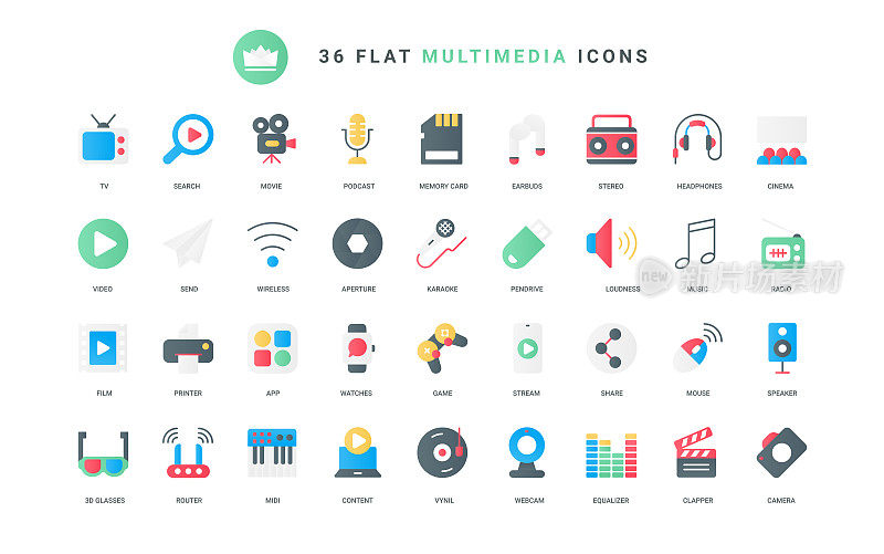 多媒体技术，电视，视频和音乐，电影制作新潮的平面图标集
