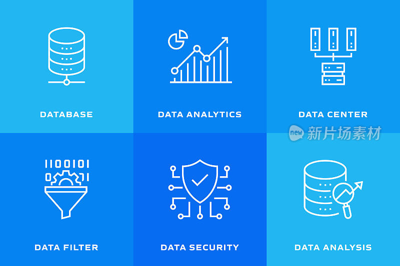 数据分析相关的矢量细线图标。轮廓符号集合