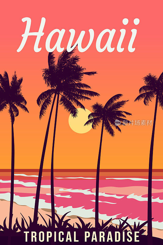 夏威夷复古旅游海报。日落海滩