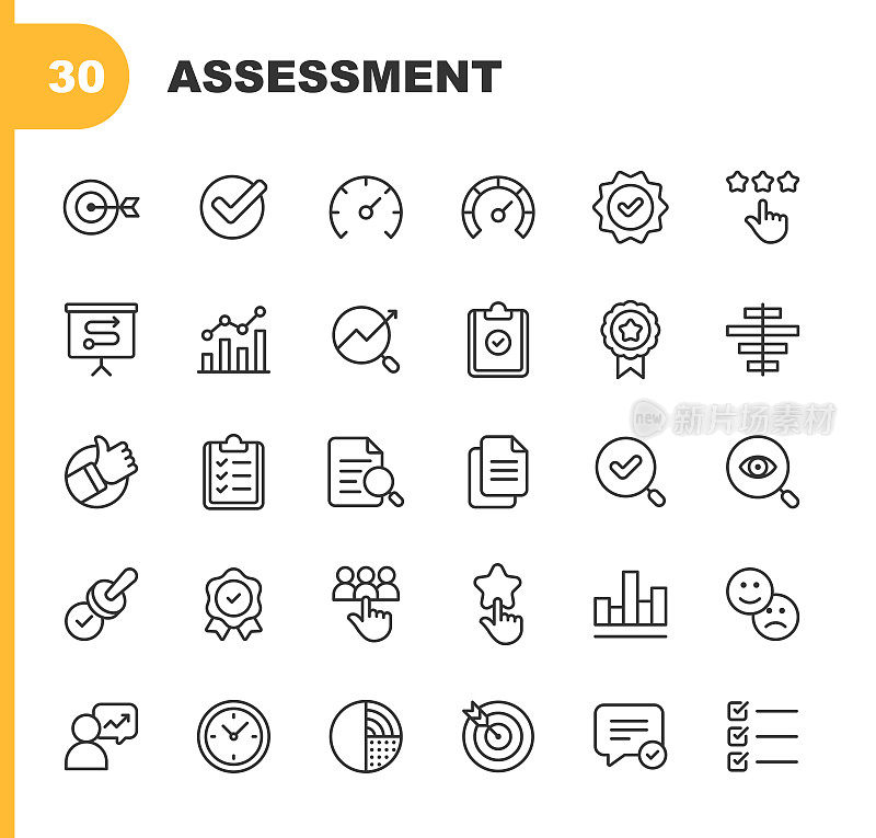 评估线图标。可编辑的中风。包含诸如审计，业务，图表，检查标记，比较，数据，图表，文档，专业知识，反馈，图形，测量，进度，质量控制，评级，研究，审查，解决方案，推荐等图标。